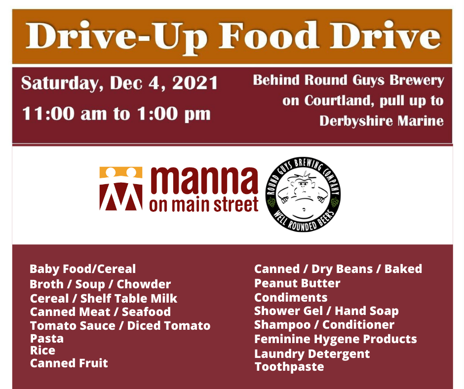 Lansdale, PA Based Round Guys Brewing Company teams up with Manna on Main St for food and supplies donation drive on December 4th, 2021.